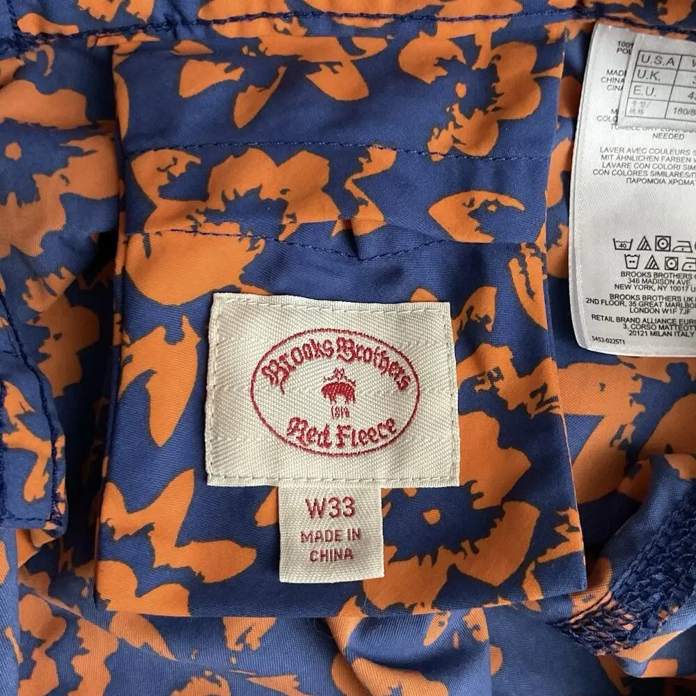 Brooks Brothers Mens Size 33 Swim Trunks Blue Orange Floral Print Hook & Loop
